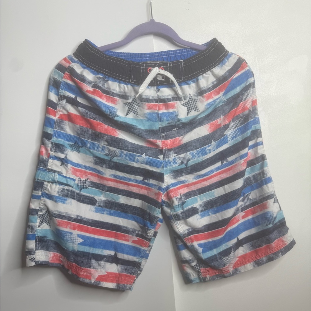 Red and White Board Shorts with Striped Pattern